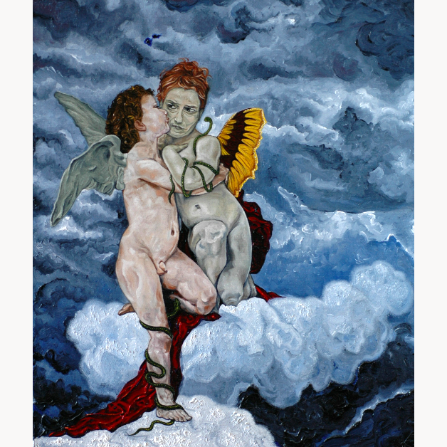 oil painting parody cupids kiss wings suspicious