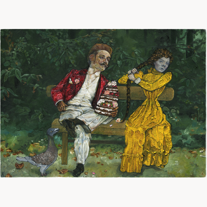 oil painting parody young man bench cake woman frustrated pulling hair