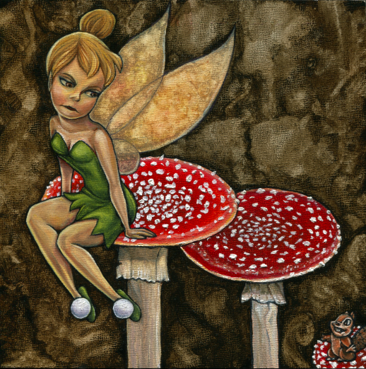 oil painting tinkerbell sitting on mushroom annoyed cartoon beaver