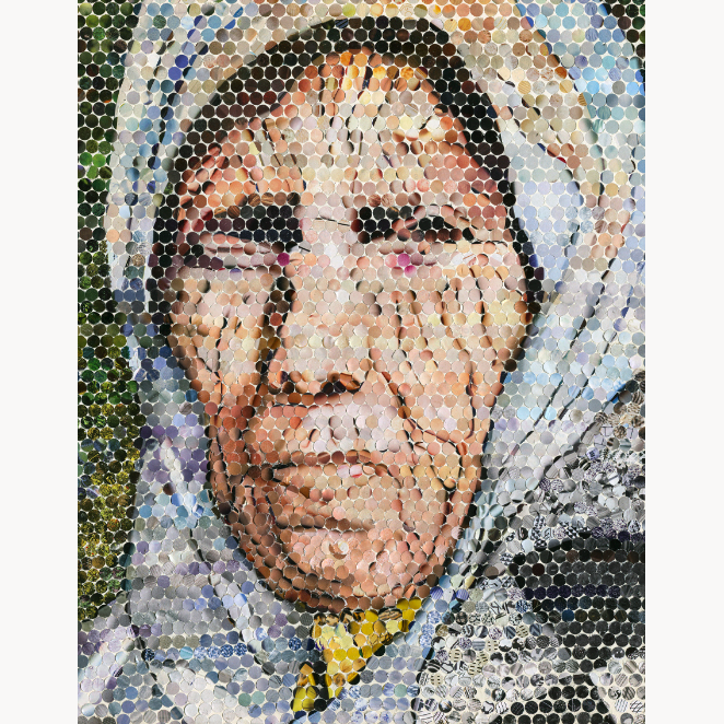 hole punch collage pointillism optical illusion portrait old woman headscarf