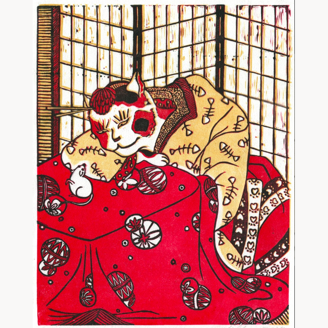 linocut reduction print geisha traditional japanese parody surreal cat mouse