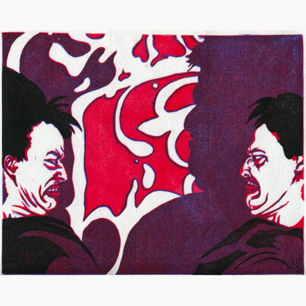 linocut reduction print young man mirror images making face grimace