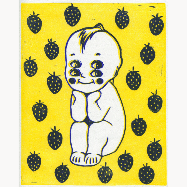 surreal kewpie doll four eyes trippy psychedelic strawberries
