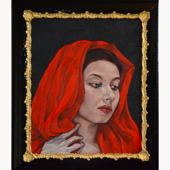 oil painting young woman red head covering