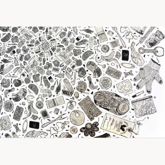 linocut collage trash debris