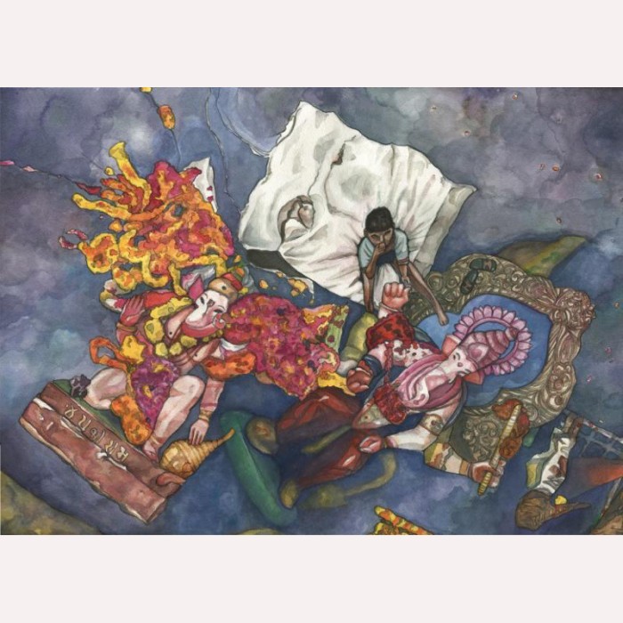 mixed media festival india aerial view floating colorful little boy trash