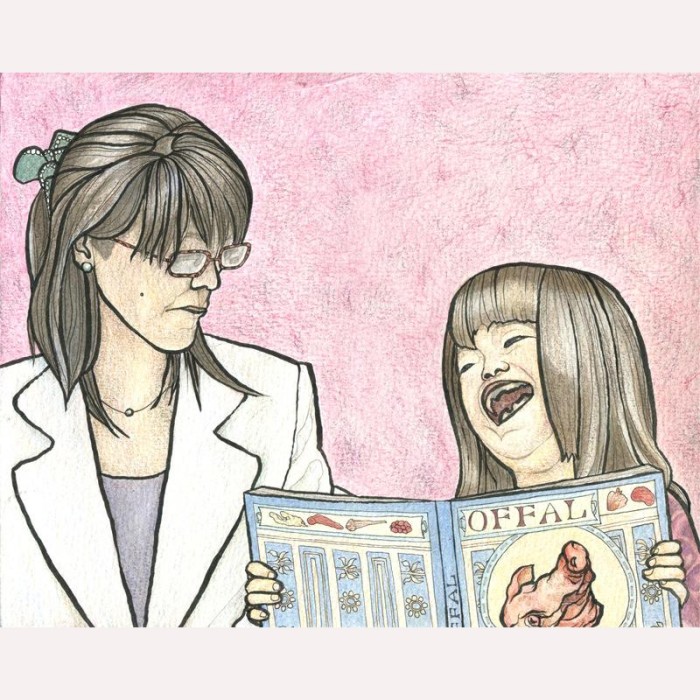 drawing laughing child reading book mother offal