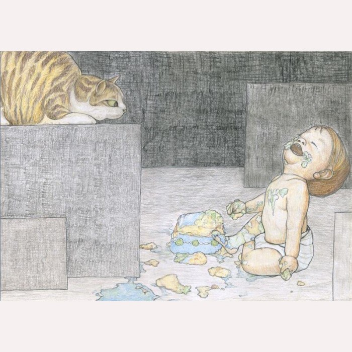 watercolor portrait laughing baby cake smash messy cat watching