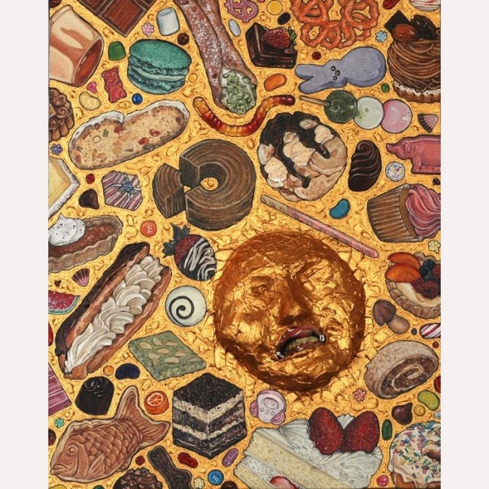 gold painting desserts mask face surreal