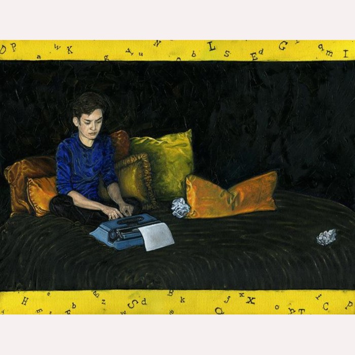 portrait of a young man sitting pensive bed typewriter
