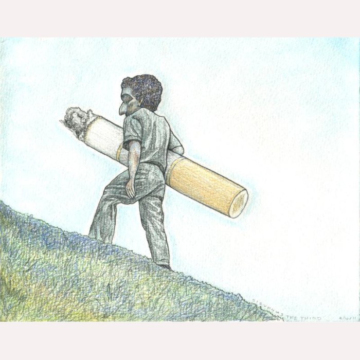smoking cigarettes man surreal walking up hill giant
