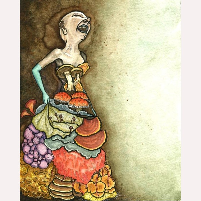 tlazoteotl aztec goddess decay mushrooms laughing bald woman surreal